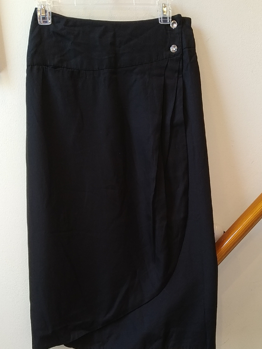 Asymmetrical Black Midi Wrap Skirt with Decorative Buttons